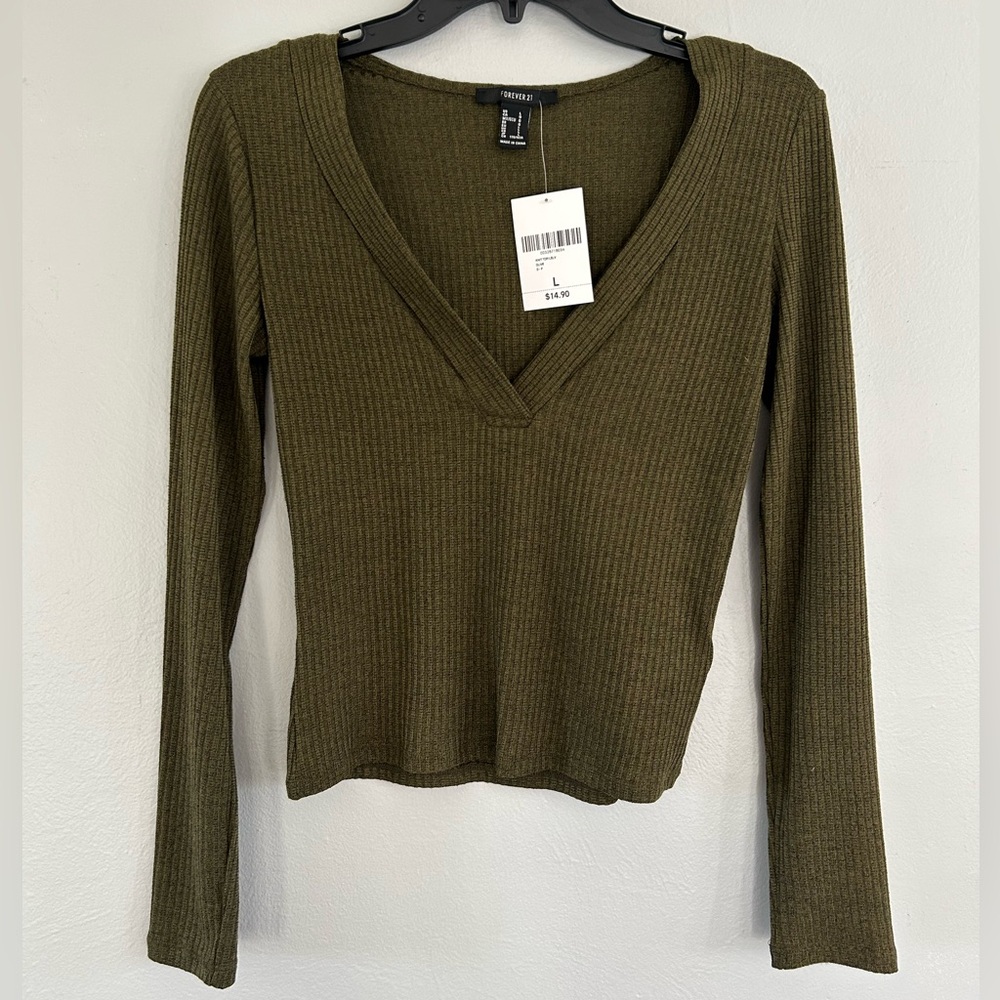 Forever 21 Olive Ribbed V-Neck Long Sleeve Top